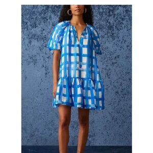 Marie Oliver Plaid Puffy Sleeve Blue and White Checkered Dress